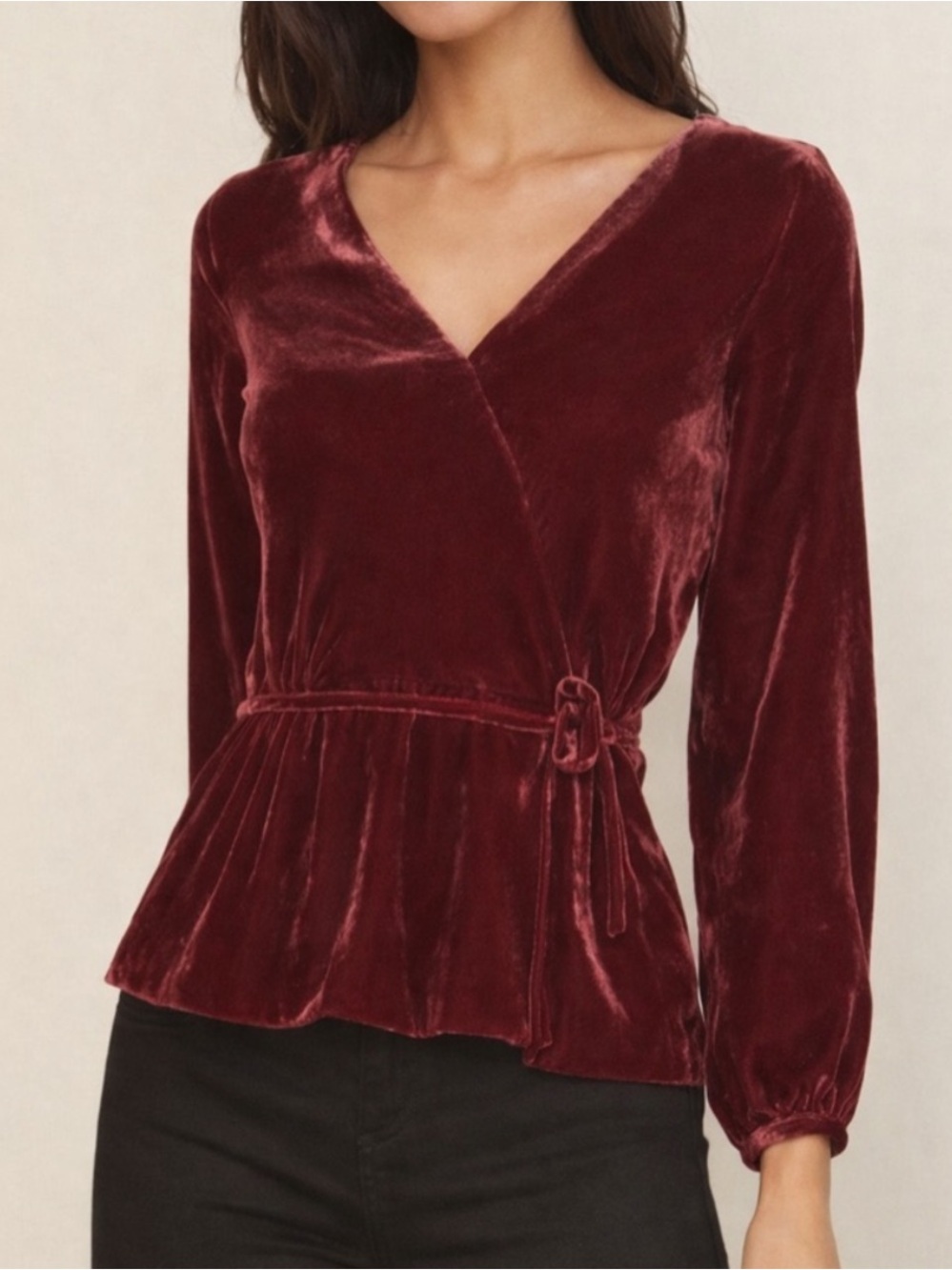 J. Crew red maroon velvet long sleeve wrap top blouse size 2